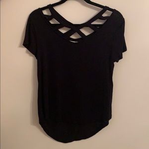 black tee with crisscross detail at the top